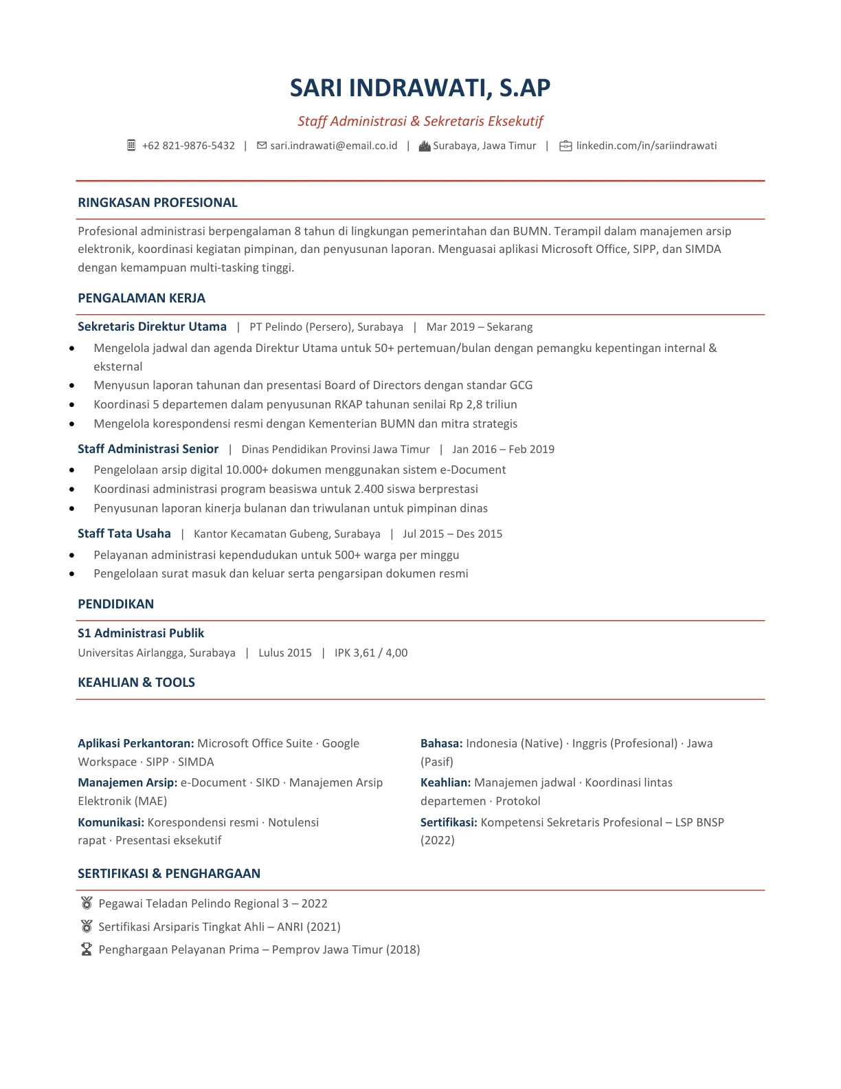 template cv staff administrasi indonesia profesional gratis